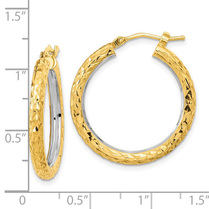 14K Yellow & Rhodium White Polished Diamond-Cut 3mm Circle Hoop Earrings