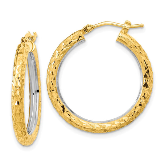 14K Yellow & Rhodium White Polished Diamond-Cut 3mm Circle Hoop Earrings