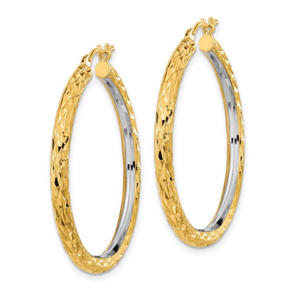 14K Yellow & Rhodium White Polished Diamond-Cut 3mm Circle Hoop Earrings