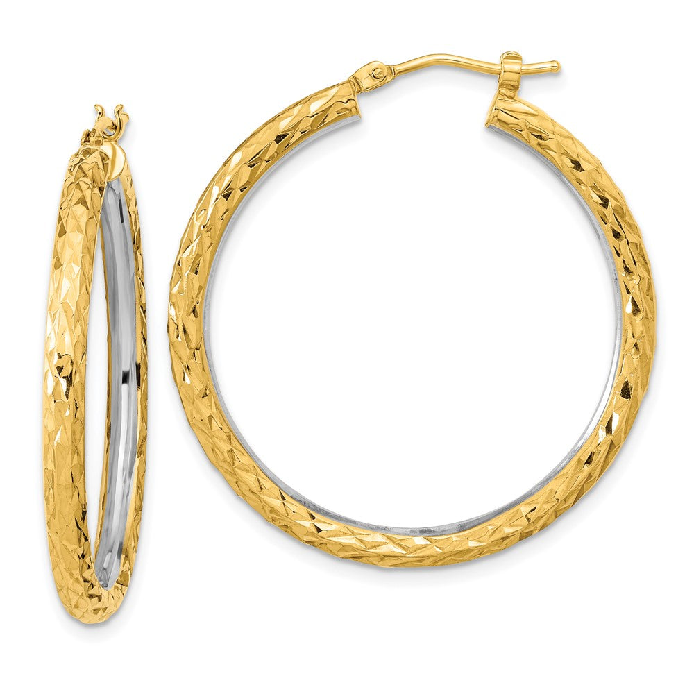 14K Yellow & Rhodium White Polished Diamond-Cut 3mm Circle Hoop Earrings