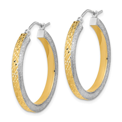 14K White Gold Yellow Rhodium Polished Brushed Diamond-Cut Hoop Earrings