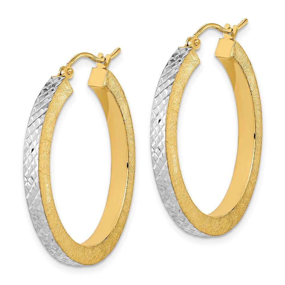 14K Yellow & Rhodium W/White Polished Satin Diamond-Cut Hoop Earrings