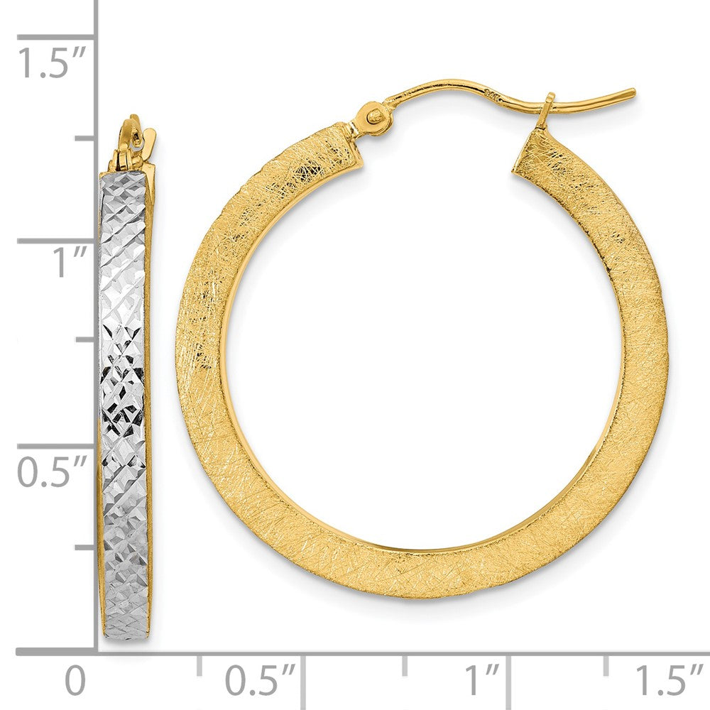 14K Yellow & Rhodium W/White Polished Satin Diamond-Cut Hoop Earrings
