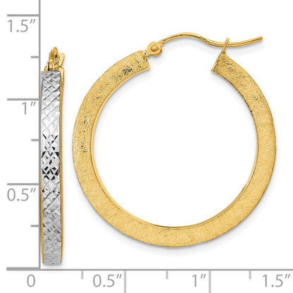 14K Yellow & Rhodium W/White Polished Satin Diamond-Cut Hoop Earrings