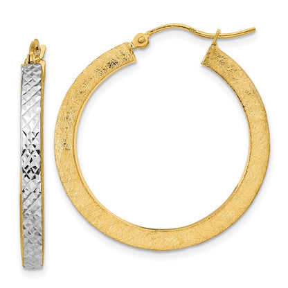 14K Yellow & Rhodium W/White Polished Satin Diamond-Cut Hoop Earrings