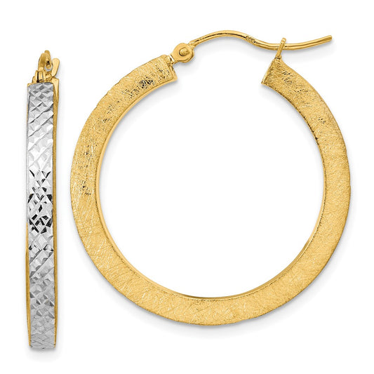 14K Yellow & Rhodium W/White Polished Satin Diamond-Cut Hoop Earrings