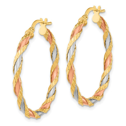 14K Yellow & Rhodium With Rose And White Textured Twisted Hoop Earrings