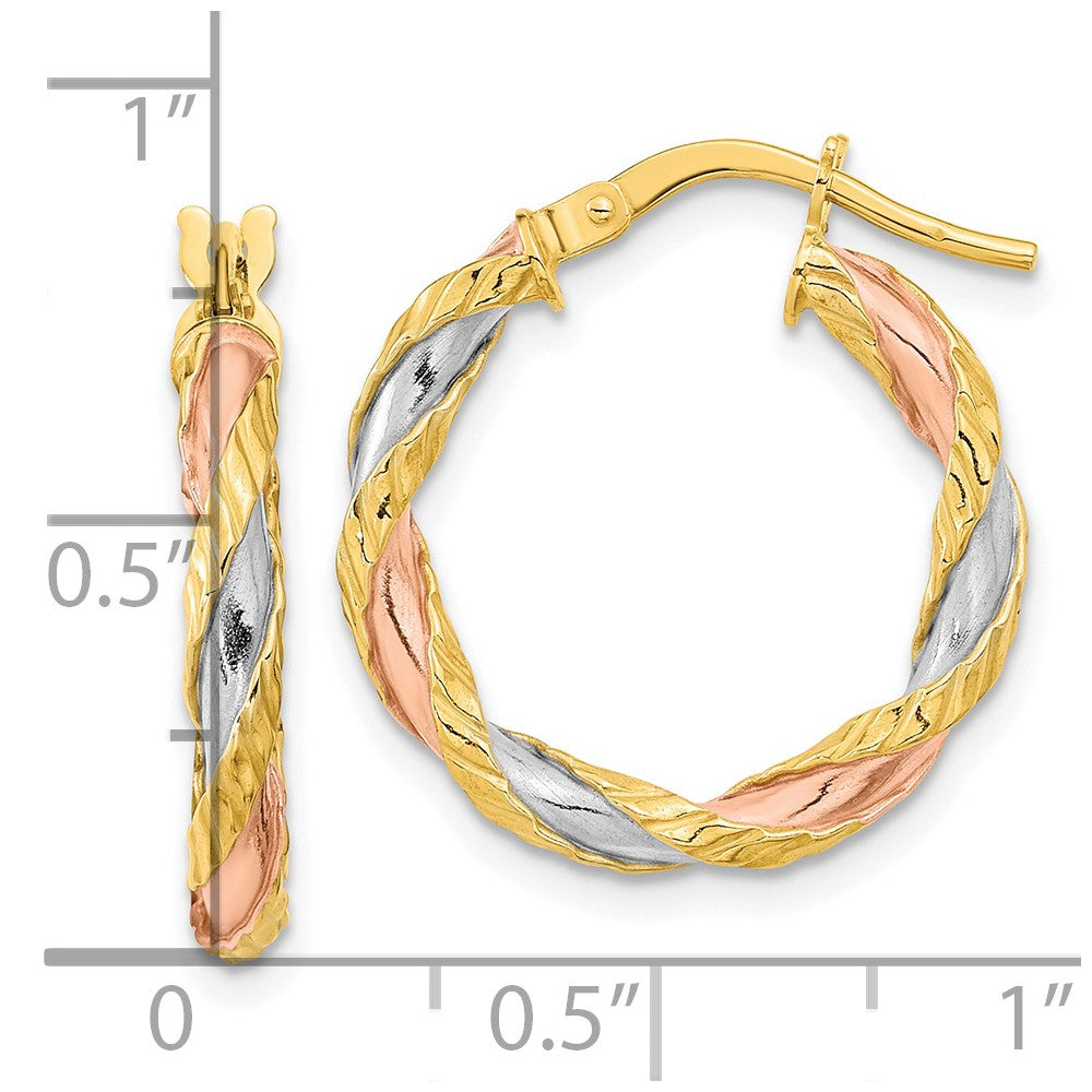 14K Yellow & Rhodium With Rose White Textured Twisted Hoop Earrings
