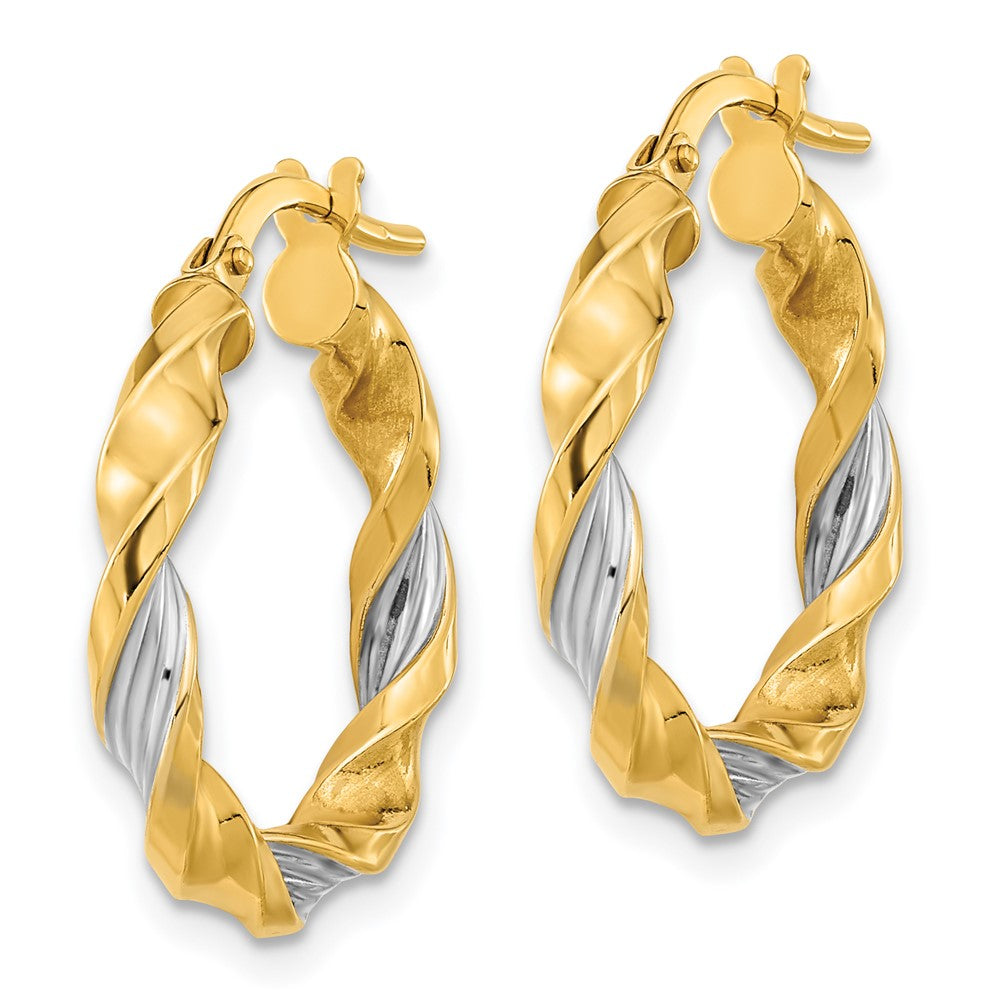 14K Yellow & Rhodium White Polished Textured Twist Hoop Earrings