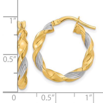 14K Yellow & Rhodium White Polished Textured Twist Hoop Earrings