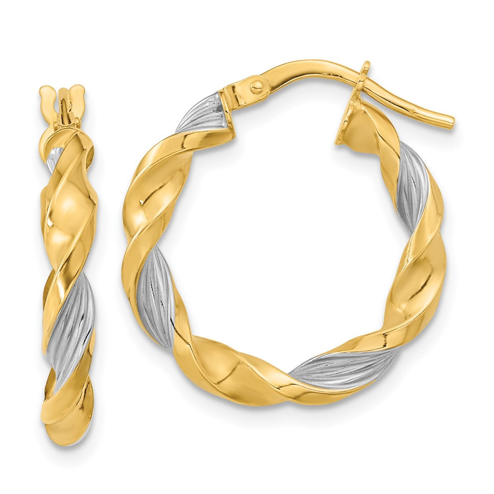 14K Yellow & Rhodium White Polished Textured Twist Hoop Earrings