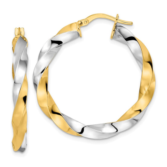 14K Yellow & Rhodium Polished Twisted Hoop Earrings