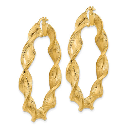14K Yellow Gold Polished & Greek Satin Twisted Hoop Earrings