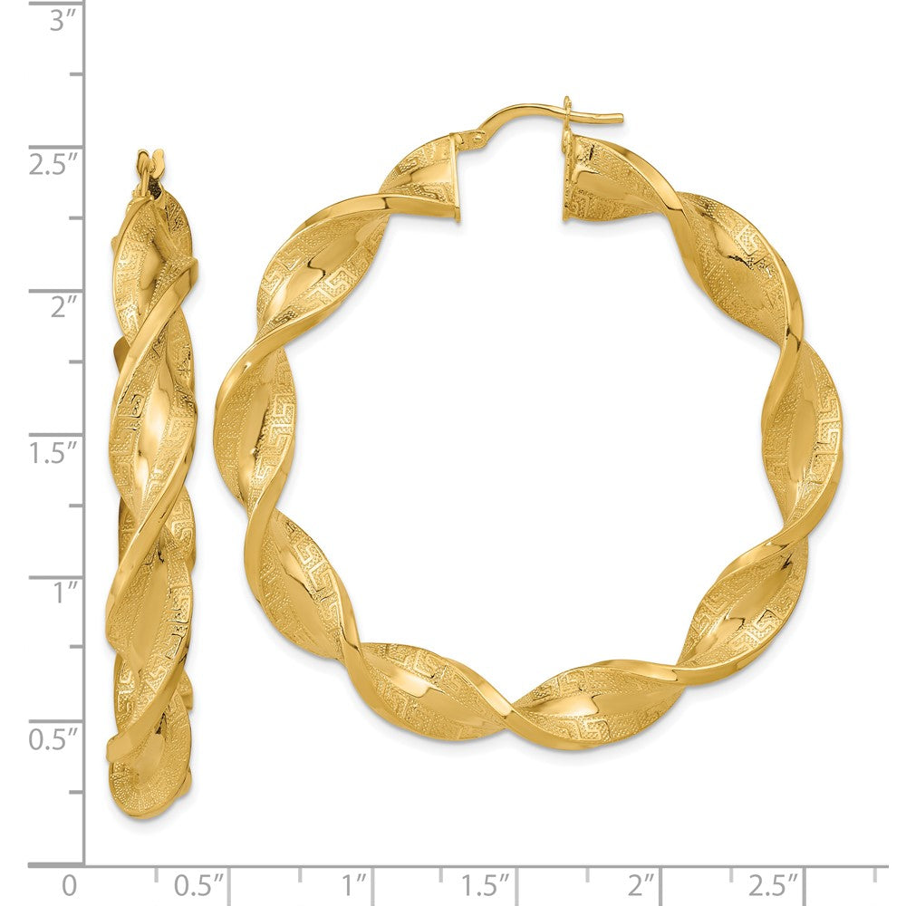 14K Yellow Gold Polished & Greek Satin Twisted Hoop Earrings