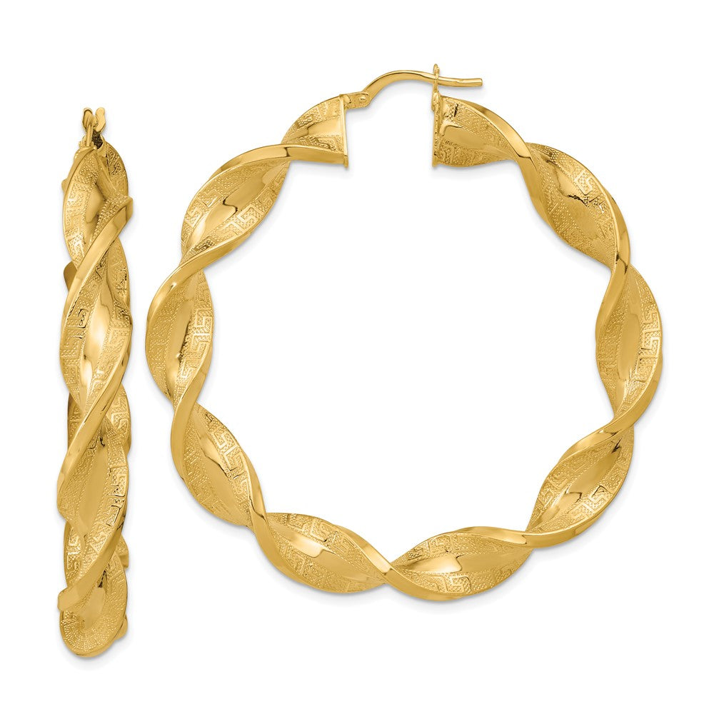 14K Yellow Gold Polished & Greek Satin Twisted Hoop Earrings