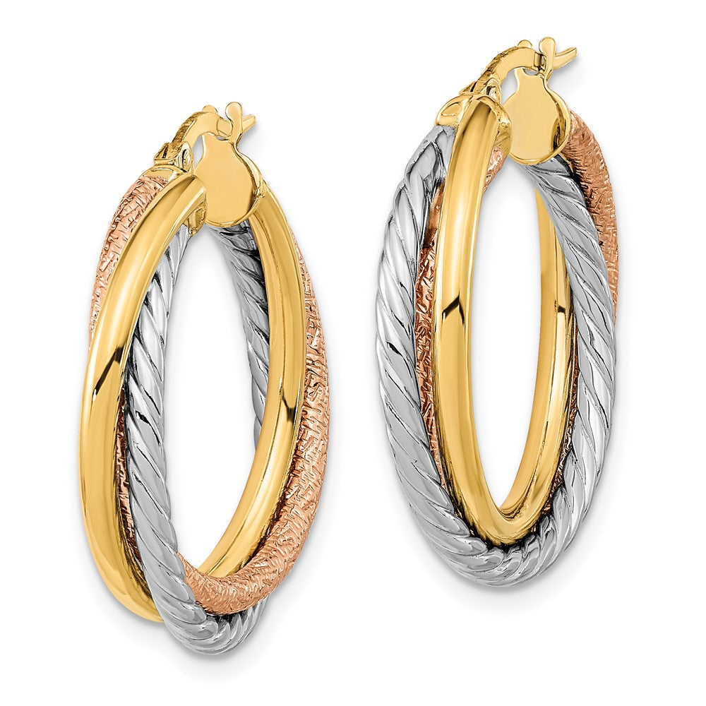 14K Yellow & Rhodium W/White And Rose Polished Textured Hoop Earrings