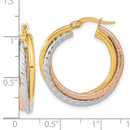 14K Yellow & Rhodium W/White And Rose Polished Textured Hoop Earrings