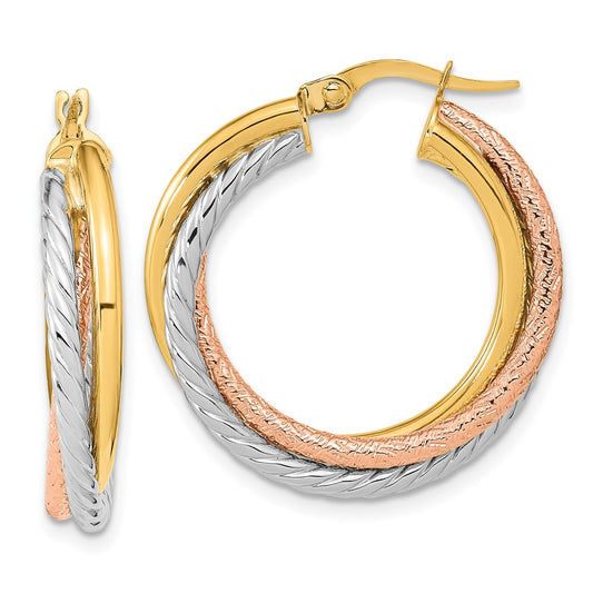 14K Yellow & Rhodium W/White And Rose Polished Textured Hoop Earrings