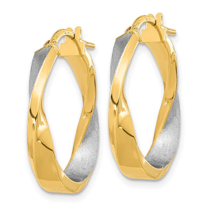 14K Yellow & Rhodium W/White Polished And Satin Oval Twist Hoop Earrings