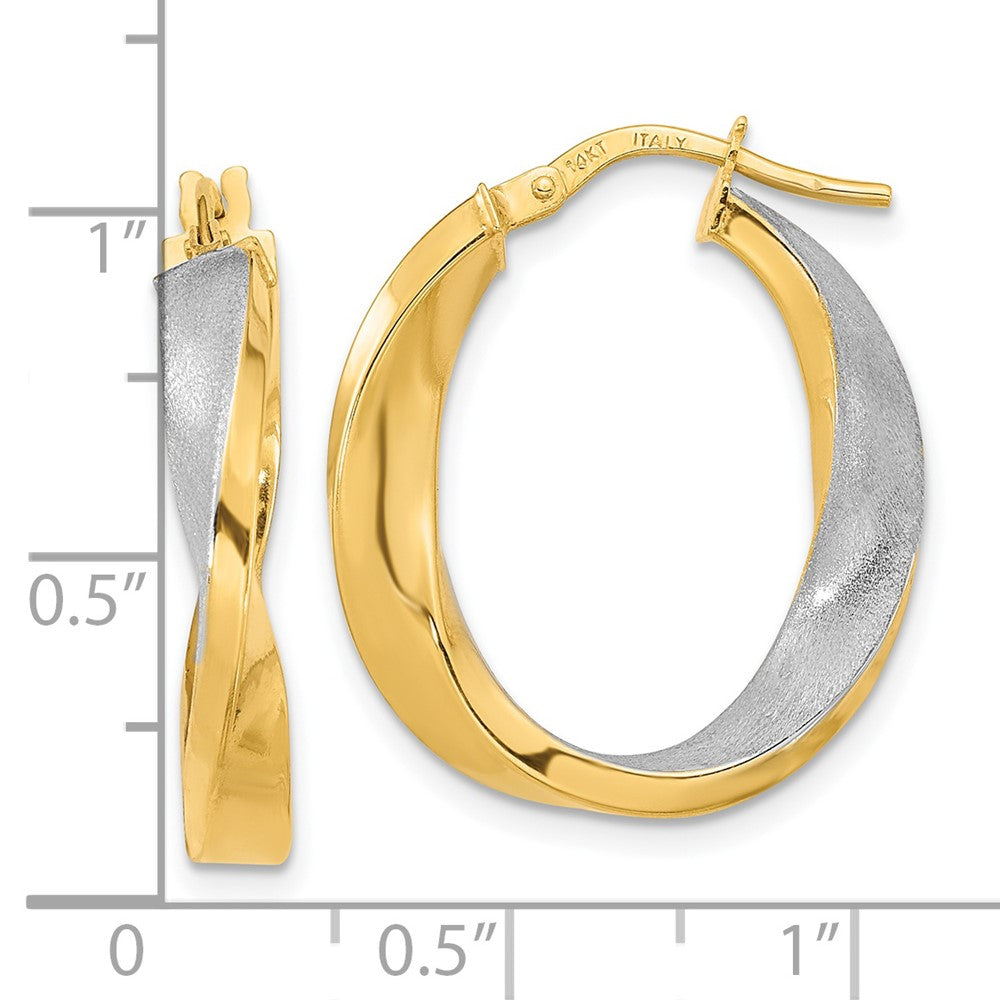 14K Yellow & Rhodium W/White Polished And Satin Oval Twist Hoop Earrings
