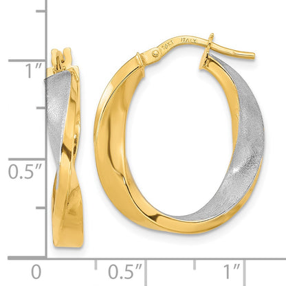 14K Yellow & Rhodium W/White Polished And Satin Oval Twist Hoop Earrings