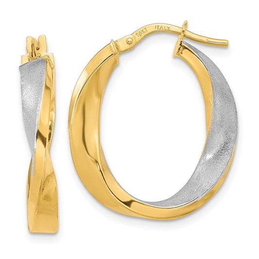 14K Yellow & Rhodium W/White Polished And Satin Oval Twist Hoop Earrings
