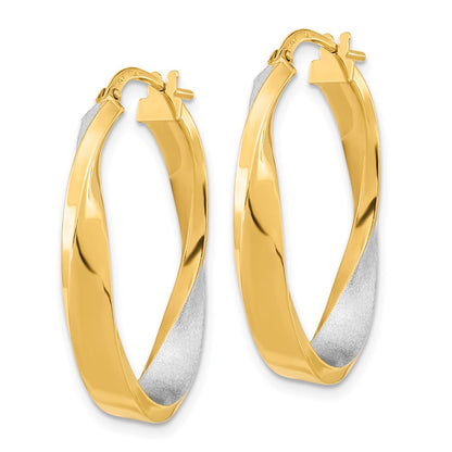 14K Yellow & Rhodium W/White Polished And Satin Oval Twist Hoop Earrings