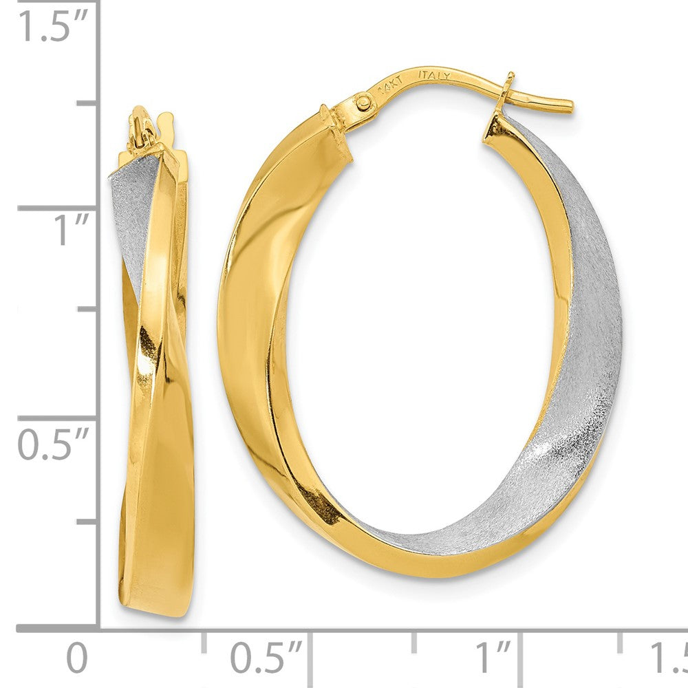 14K Yellow & Rhodium W/White Polished And Satin Oval Twist Hoop Earrings