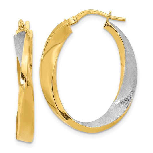14K Yellow & Rhodium W/White Polished And Satin Oval Twist Hoop Earrings