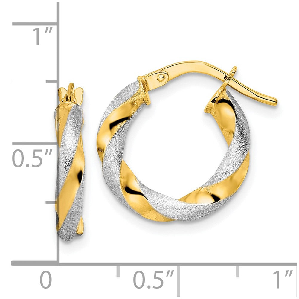 14K Yellow & Rhodium W/ White Brushed And Polished Twisted Hoop Earrings