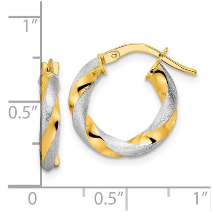 14K Yellow & Rhodium W/ White Brushed And Polished Twisted Hoop Earrings