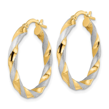 14K Yellow & Rhodium White Brushed And Polished Twisted Hoop Earrings