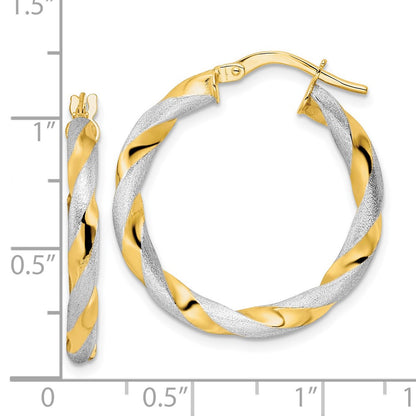 14K Yellow & Rhodium White Brushed And Polished Twisted Hoop Earrings