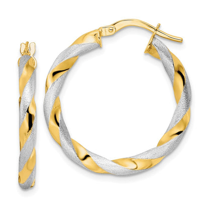14K Yellow & Rhodium White Brushed And Polished Twisted Hoop Earrings