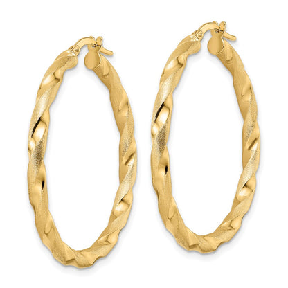 14K Yellow Gold Brushed And Polished Twisted Hoop Earrings