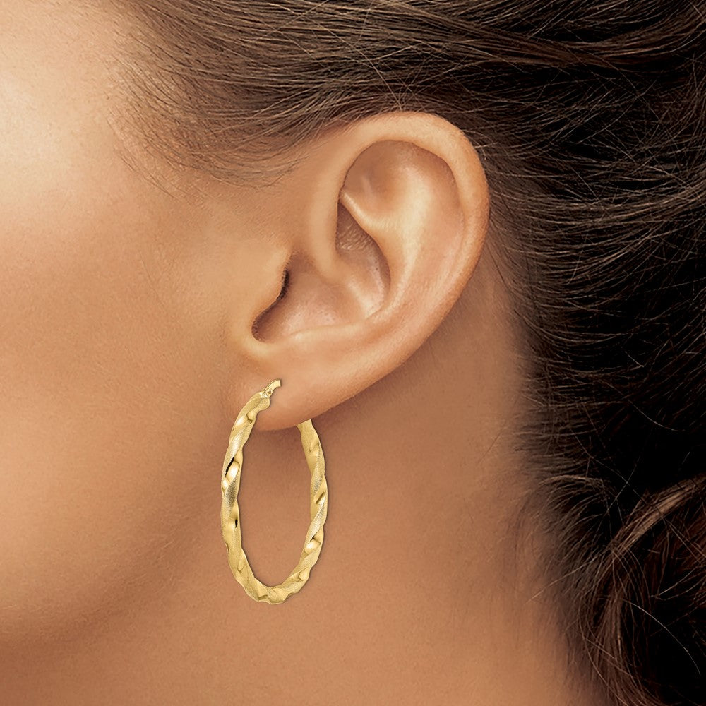 14K Yellow Gold Brushed And Polished Twisted Hoop Earrings