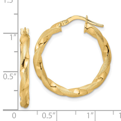 14K Yellow Gold Brushed And Polished Twisted Hoop Earrings