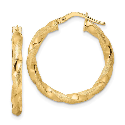 14K Yellow Gold Brushed And Polished Twisted Hoop Earrings