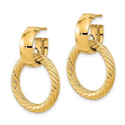14K Yellow Gold Polished And Textured Fancy Dangle Post Hoop Earrings