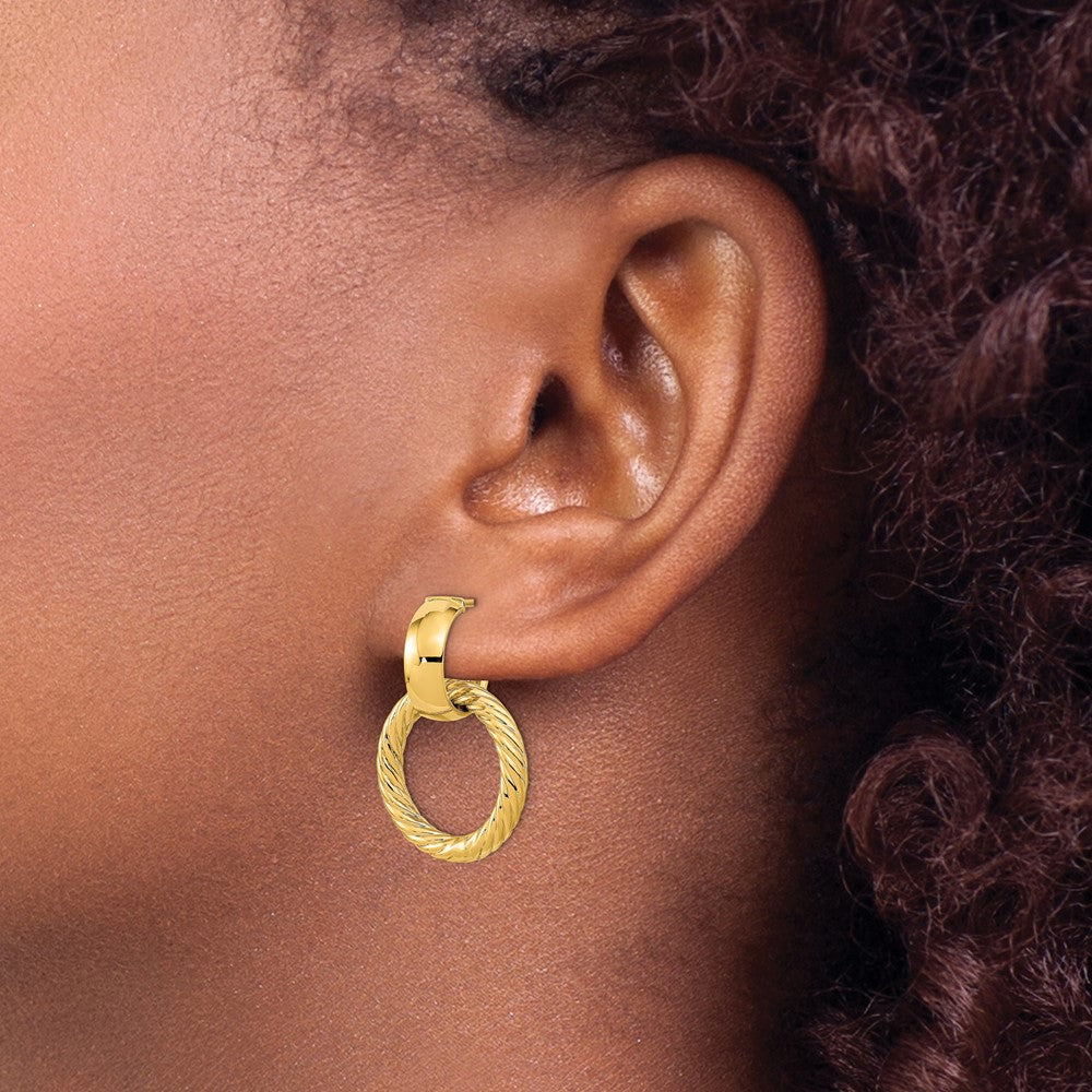 14K Yellow Gold Polished And Textured Fancy Dangle Post Hoop Earrings