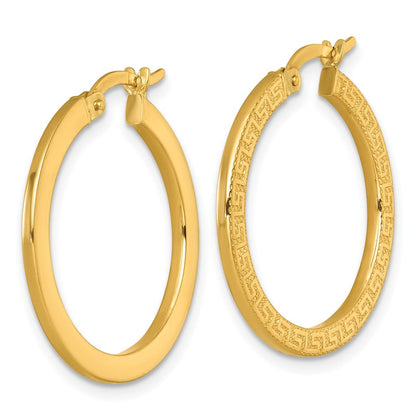 14K Yellow Gold Polished Textured Greek Key Hoop Earrings