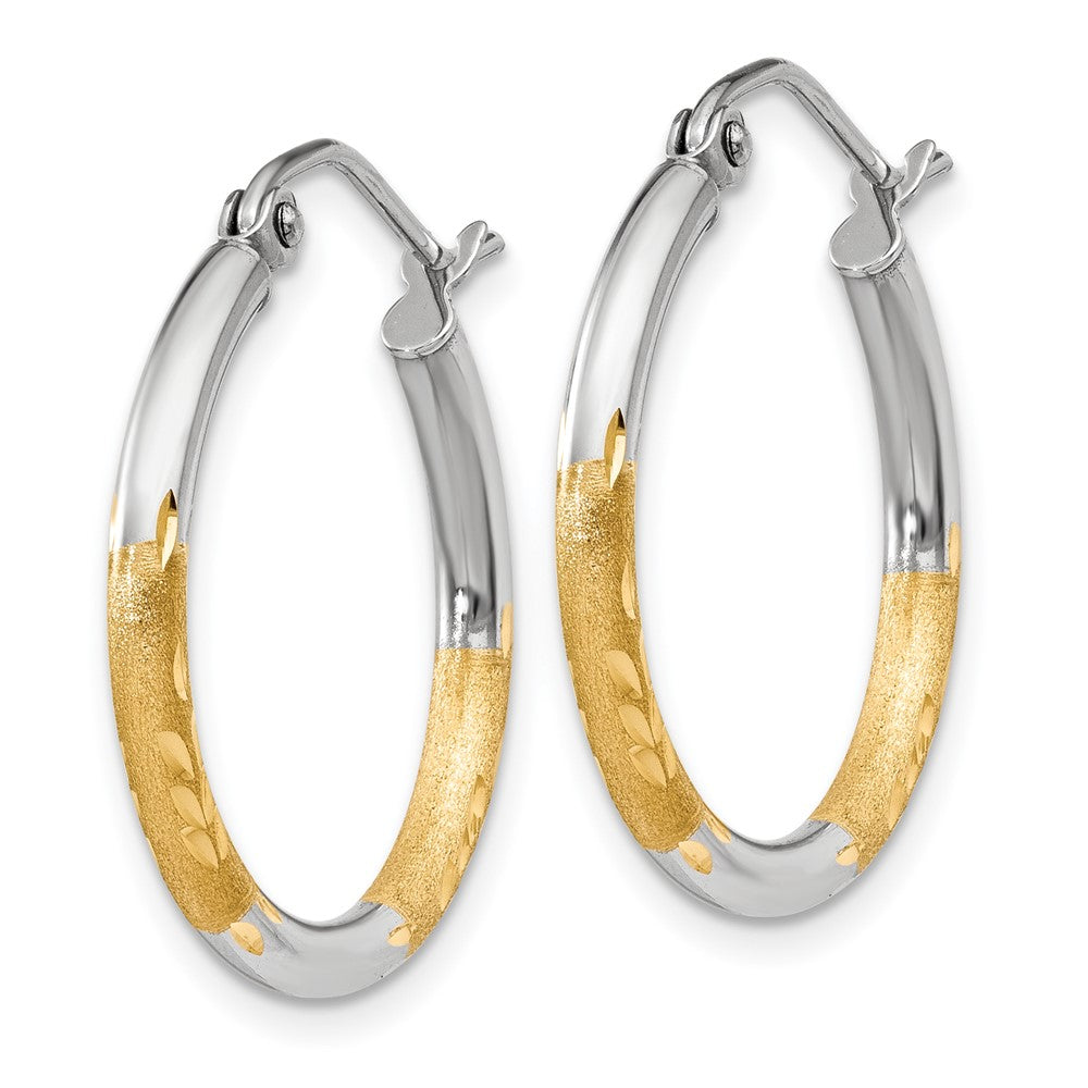 14K Yellow & Rhodium W/White 2mm Satin And Polished Diamond-Cut Hoop Earrings