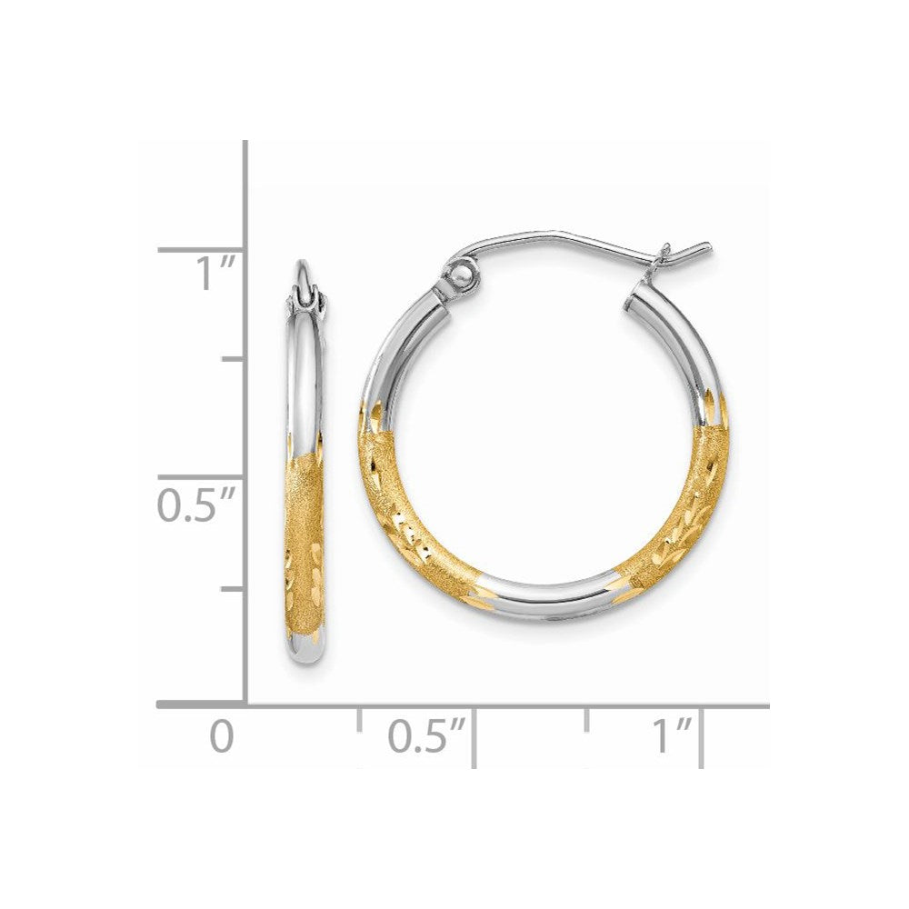 14K Yellow & Rhodium W/White 2mm Satin And Polished Diamond-Cut Hoop Earrings