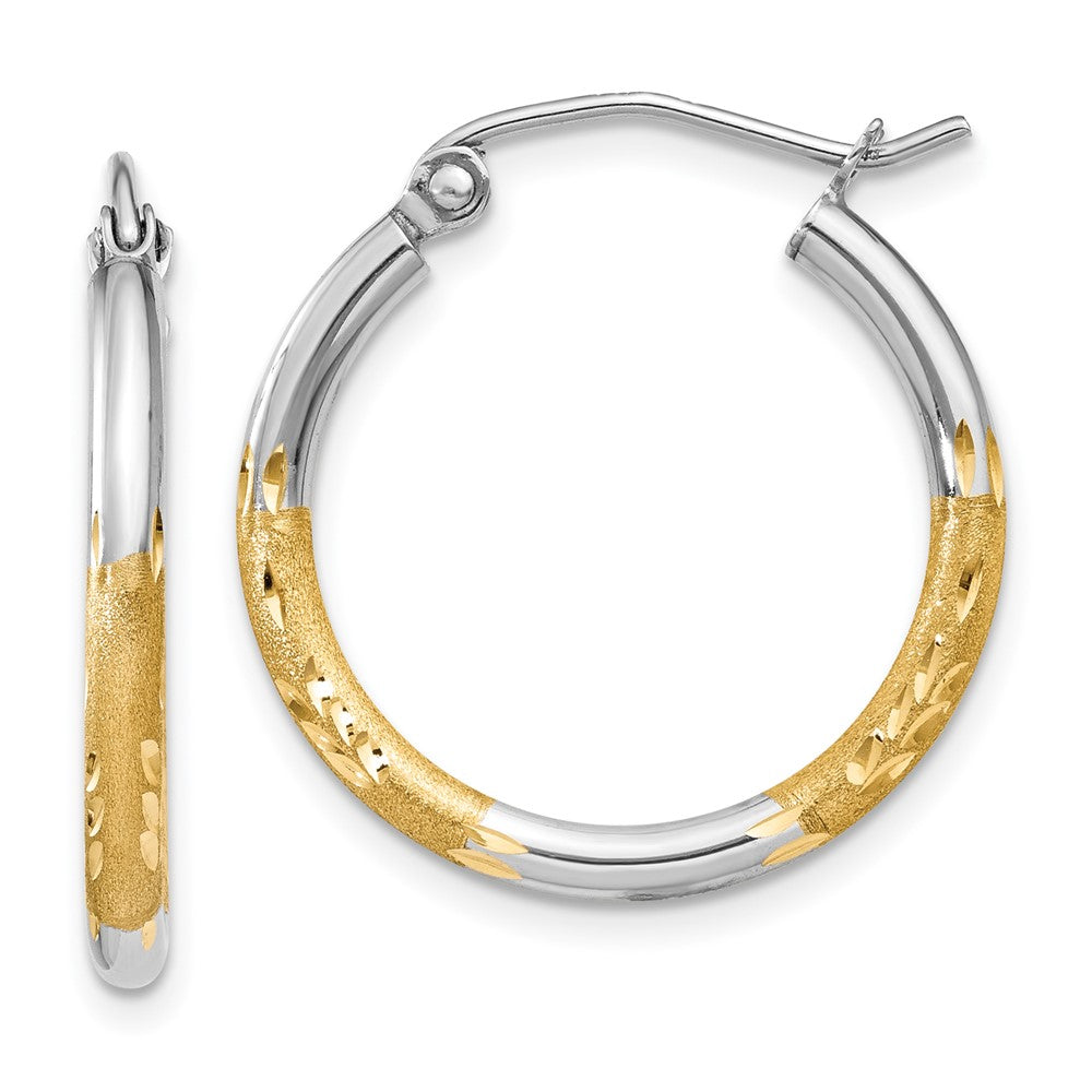 14K Yellow & Rhodium W/White 2mm Satin And Polished Diamond-Cut Hoop Earrings