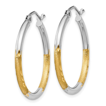 14K Yellow & Rhodium W/White 2mm Satin And Polished Diamond-Cut Hoop Earrings