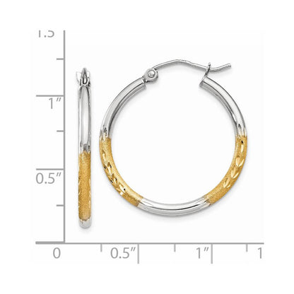 14K Yellow & Rhodium W/White 2mm Satin And Polished Diamond-Cut Hoop Earrings