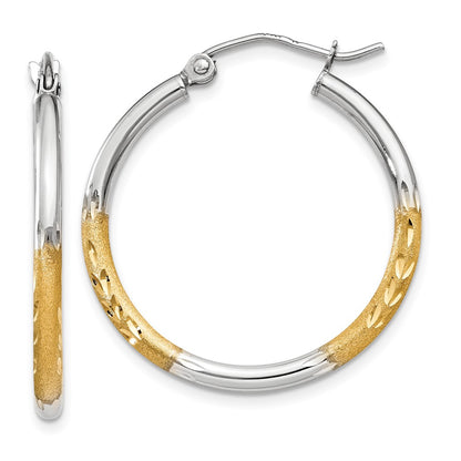 14K Yellow & Rhodium W/White 2mm Satin And Polished Diamond-Cut Hoop Earrings