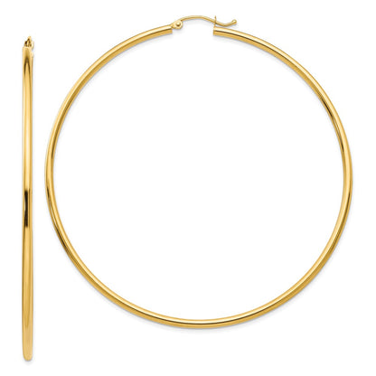 14K Yellow Gold Polished 2X70mm Round Tube Hoop Earrings