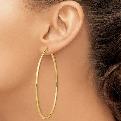 14K Yellow Gold Polished 2X75mm Round Tube Hoop Earrings