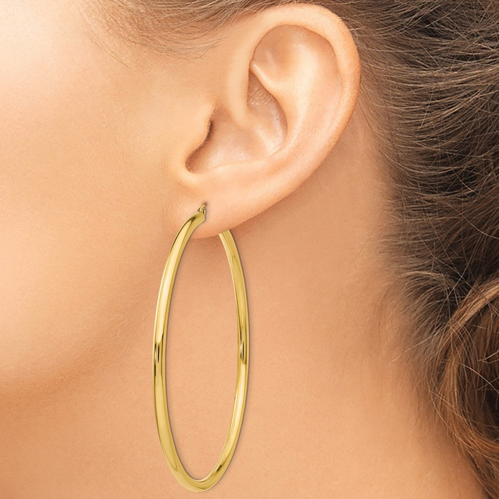 14K Yellow Gold Polished 3X70mm Round Tube Hoop Earrings